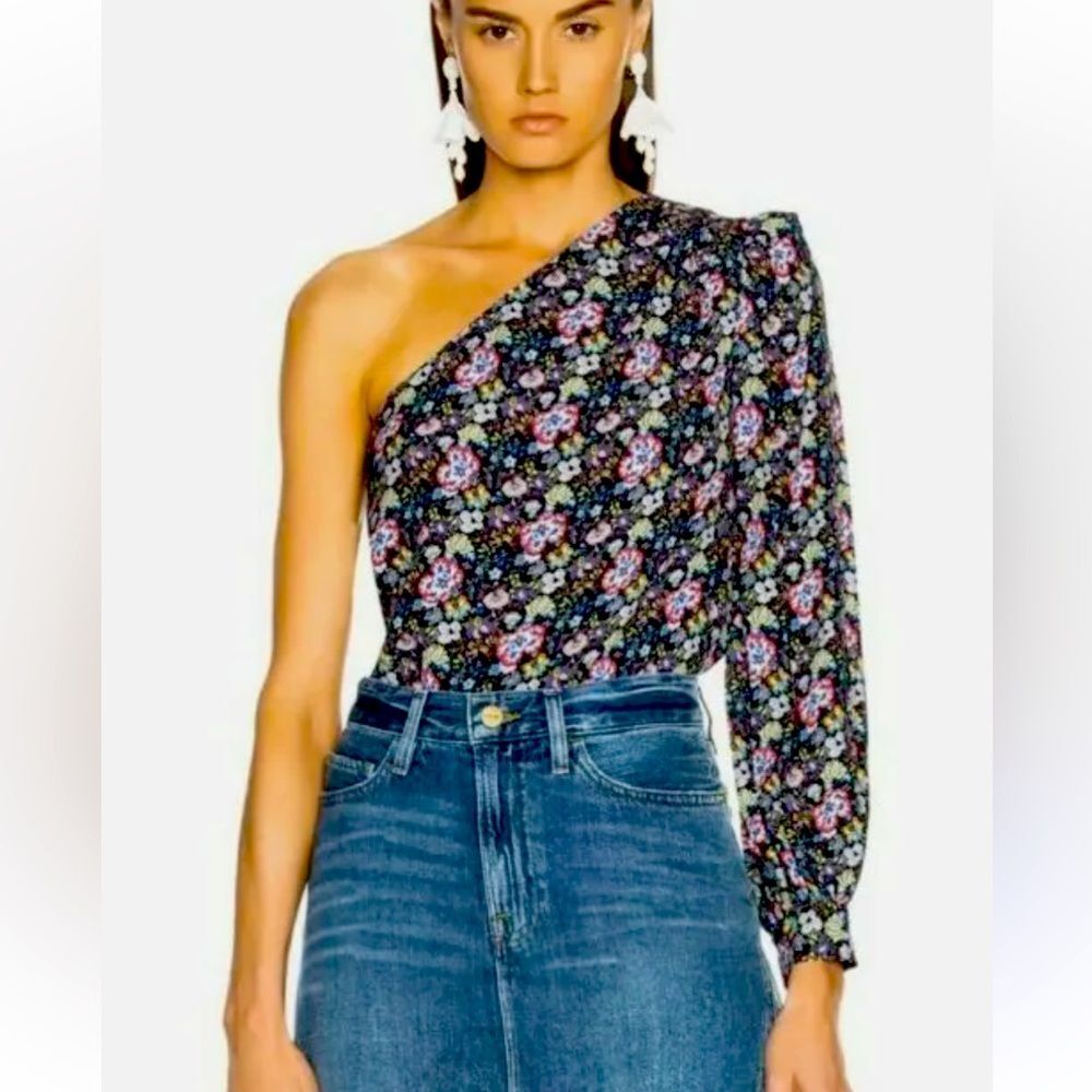 Frame Denim Sz. S, Floral One Shoulder Top Blouse Puff Sleeve Coastal Blue Multi - Picture 13 of 13